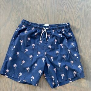 Bermies Boys Navy Swim Trunks with Pink Palm Print